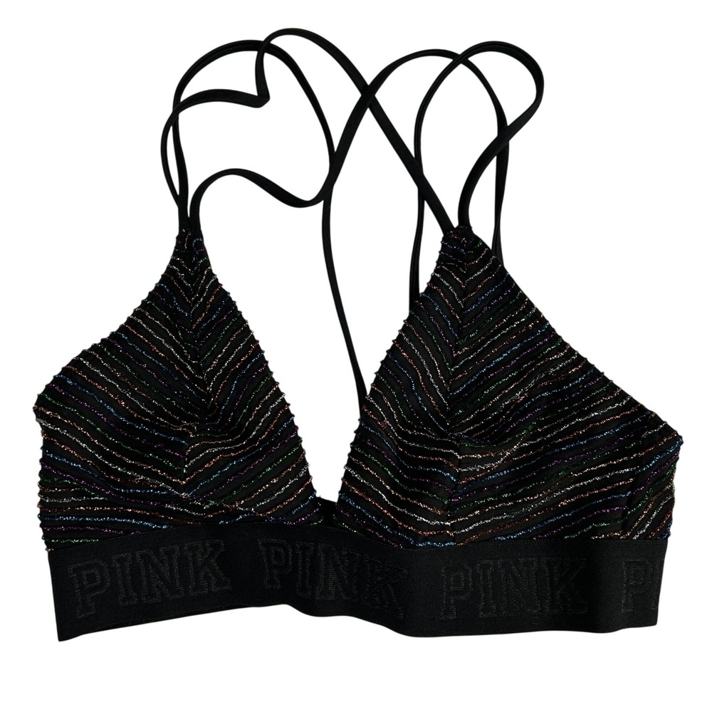 PINK Victoria's Secret Bralette Small Black Rainbow Metallic Stripe Strappy Back